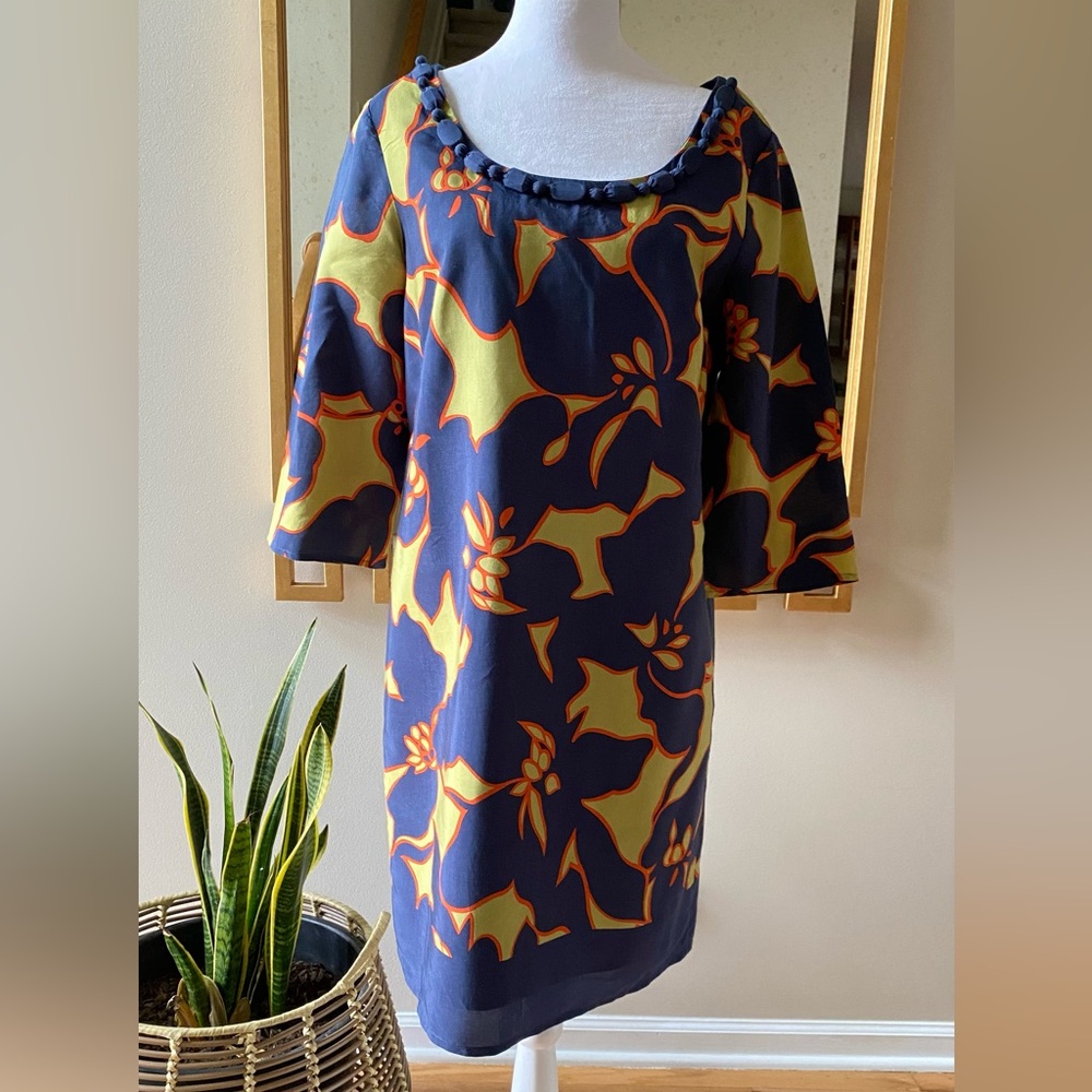 Ann Taylor LOFT Blue Yellow Floral Print Shift Dress size 8